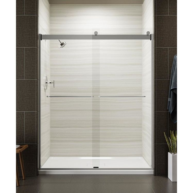 KOHLER K-706015-L-SH Levity Sliding Shower Door, 74" H x 56-5/8 - 59-5/8" W, with 1/4" Crystal Clear Glass and Towel Bars, Bright Silver Frame
