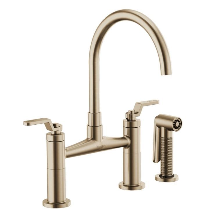 Brizo Litze Bridge Kitchen Faucet w/ Side Spray, Arc Spout, Industrial Handle, Luxe Gold - 62544LF-GL