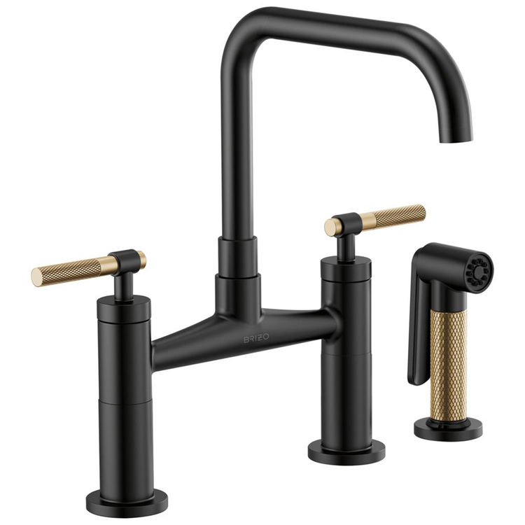 Brizo Litze Matte Black/Brilliance Luxe Gold Bridge Kitchen Faucet with Square Spout and Knurled Handles, ADA, 1.8 GPM - 62553LF-BLGL