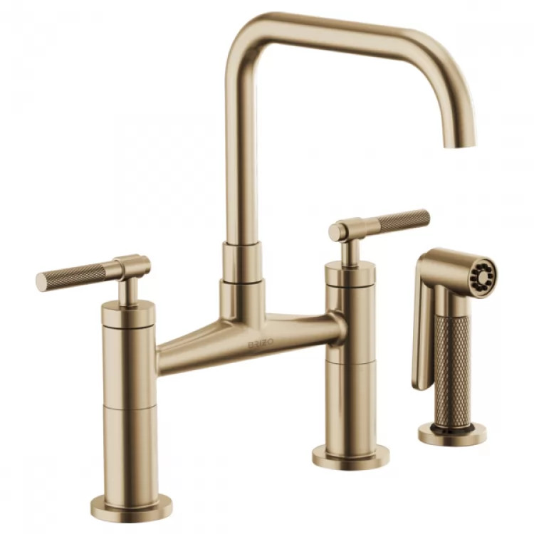 Brizo Litze Brilliance Luxe Gold Bridge Kitchen Faucet with Square Spout and Knurled Handles, ADA, 1.8 GPM - 62553LF-GL