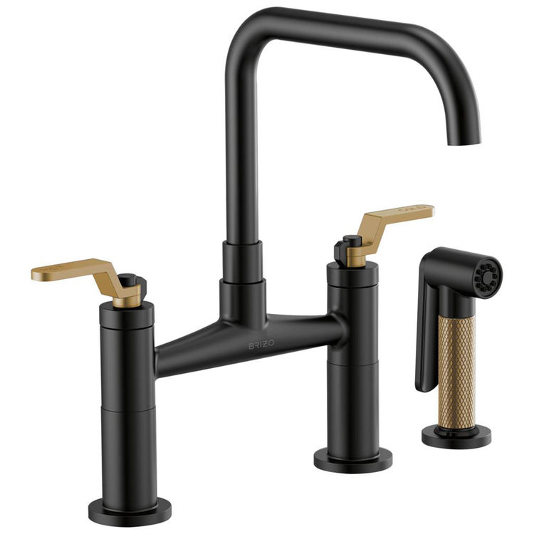 Brizo Litze Matte Black/Brilliance Luxe Gold Bridge Kitchen Faucet with Square Spout and Industrial Handles, ADA, 1.8 GPM - 62554LF-BLGL