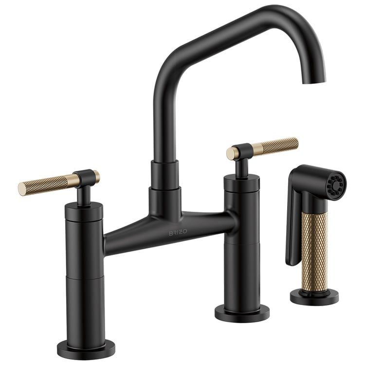 Brizo Litze Series Matte Black/Brilliance Luxe Gold Bridge Faucet with Angled Swivel Spout and Knurled Handle, ADA, 1.8 GPM - 62563LF-BLGL