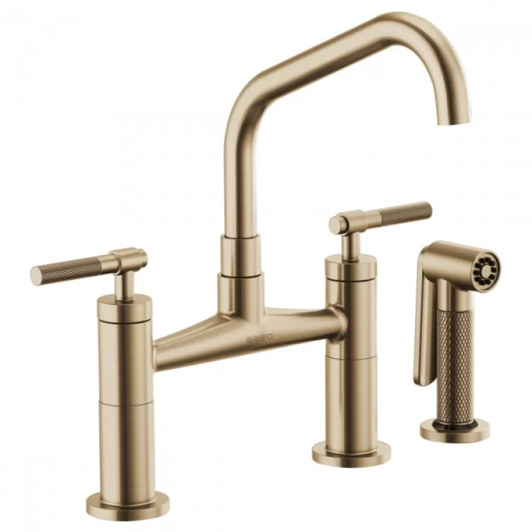 Brizo Litze Series Brilliance Luxe Gold Bridge Faucet with Angled Swivel Spout and Knurled Handle, ADA, 1.8 GPM - 62563LF-GL