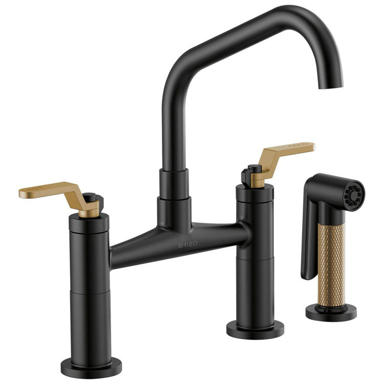 Brizo Litze Series Matte Black/Brilliance Luxe Gold Bridge Faucet with Angled Swivel Spout and Industrial Handle, 1.8 GPM - 62564LF-BLGL