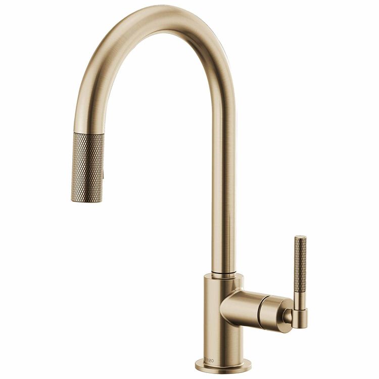 Brizo Litze Brilliance Luxe Gold Pull-Down Kitchen Faucet with Arc Spout and Knurled Handle, Two-Function Wand, ADA, 1.8 GPM - 63043LF-GL