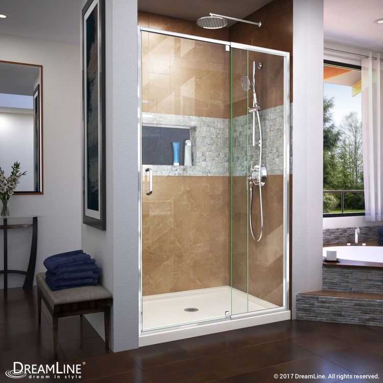 DreamLine DL-6221C-22-01 Flex 36" D x 48" W x 74-3/4" H Semi-Frameless Pivot Shower Door in Chrome with Center Drain Biscuit Base 