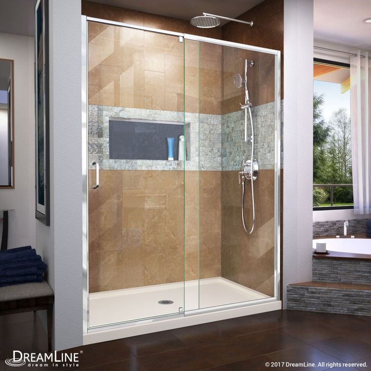 DreamLine DL-6224C-22-01 Flex 34" D x 60" W x 74-3/4" H Semi-Frameless Pivot Shower Door in Chrome with Center Drain Biscuit Base