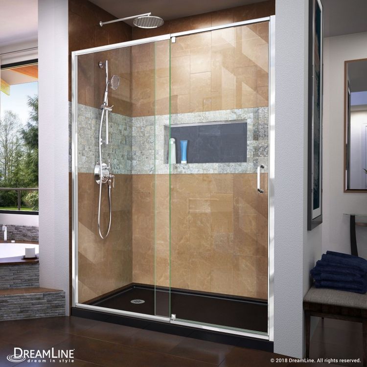 DreamLine DL-6223L-88-01 Flex 32" D x 60" W x 74-3/4" H Semi-Frameless Pivot Shower Door in Chrome with Left Drain Black Base