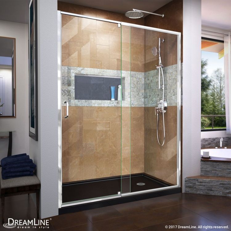 DreamLine DL-6223R-88-01 Flex 32" D x 60" W x 74-3/4" H Semi-Frameless Pivot Shower Door in Chrome with Right Drain Black Base