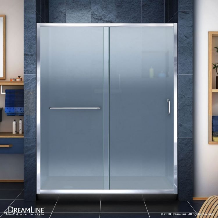 DreamLine Infinity-Z 30" D x 60" W x 74-3/4" H Frosted Sliding Shower Door in Chrome and Left Drain Black Base - DL-6970L-88-01F