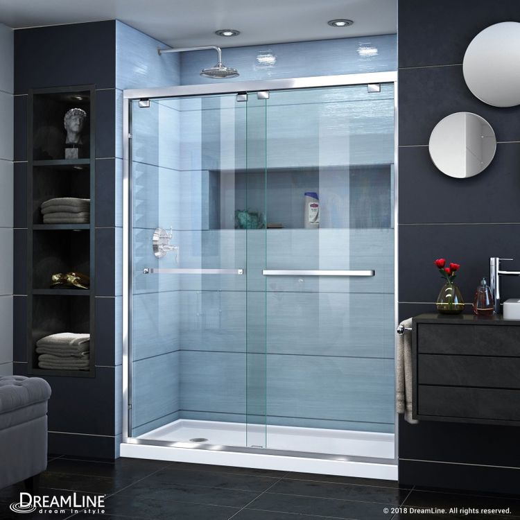 DreamLine DL-7006L-01 Encore 34" D x 60" W x 78-3/4" H Bypass Shower Door in Chrome and Left Drain White Base