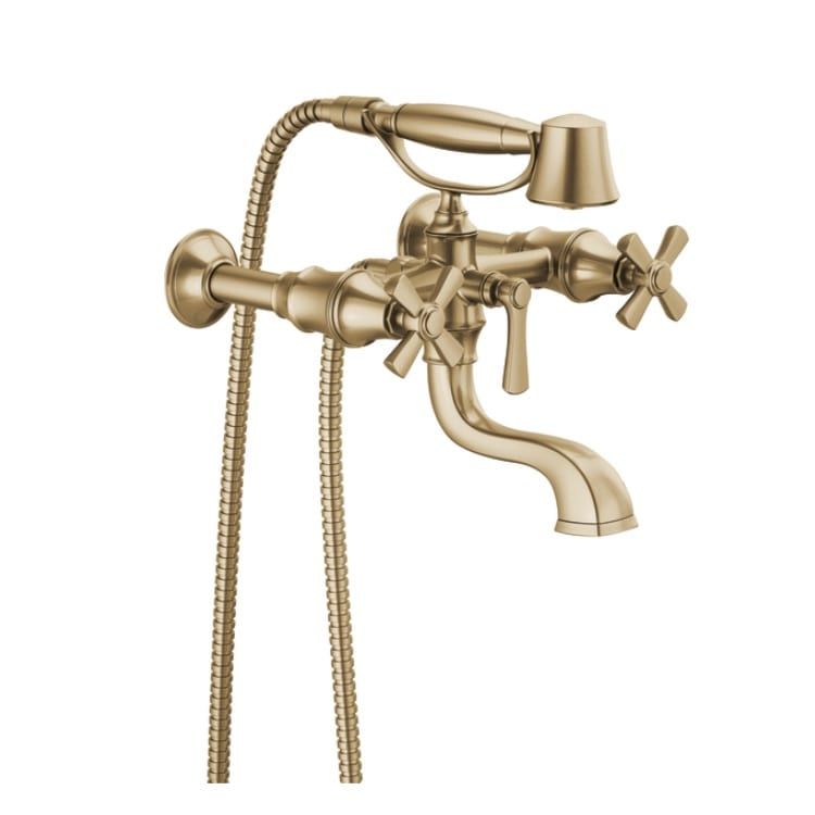 Brizo Rook Two-Handle Multi-Mount Tub Faucet Trim with 1.75 GPM Hand Shower, Cross Handles, Brilliance Luxe Gold - T70361-GL