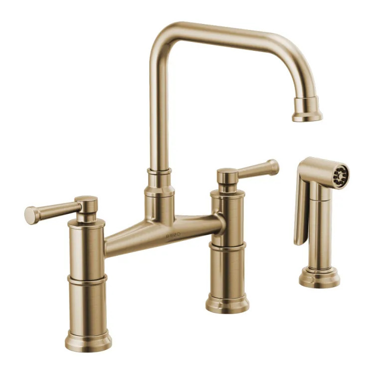 Brizo Artesso Two-Handle Bridge Kitchen Faucet w/ Side Spray, Luxe Gold - 62525LF-GL