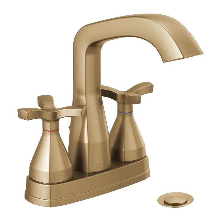 Delta Stryke Angled Spout Centerset Lavatory Faucet With Metal Pop-Up, Two-Handle, DIAMOND Seal, Helo Spoke Handles, 1.2 GPM, Champagne Bronze - 257766-CZMPU-DST