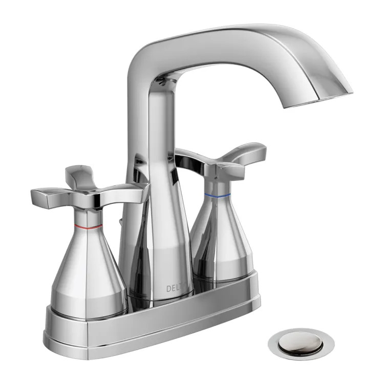 Delta Stryke Angled Spout Centerset Lavatory Faucet With Metal Pop-Up, Two-Handle, DIAMOND Seal, Helo Spoke Handles, 1.2 GPM, Lumicoat Chrome - 257766-MPU-DST