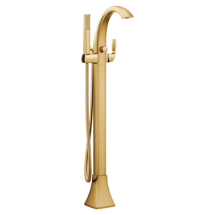 Moen Voss 6 GPM Single-Handle Freestanding Tub Filler with 1.75 GPM Single-Function Hand Shower, 59in Metal Hose, Dual Check Valves, Brushed Gold - 695BG