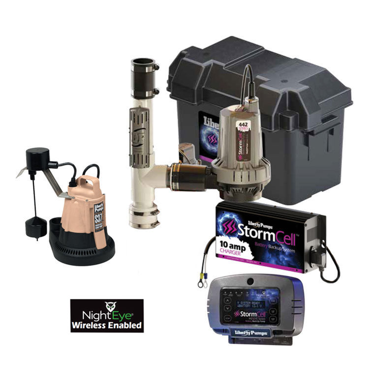 Liberty Sump Pump with Battery Backup, 1/3HP, 115V, 6.2A, 43 GPM, 1-1/2" Discharge, 1/4" Solids Handling, Cast Iron, NightEye, Vertical Float Integrally Wired - PCS37-442-10A-EYE