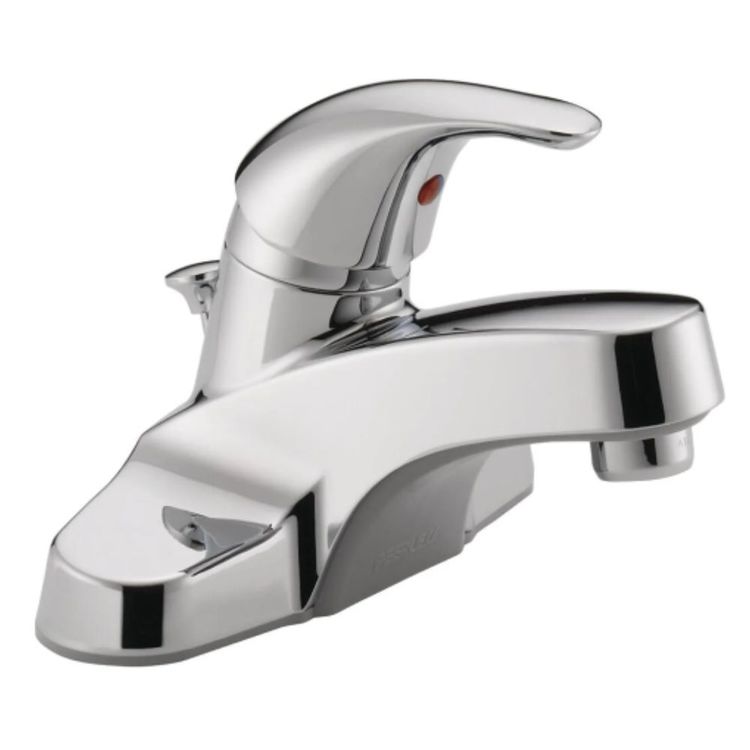 Peerless Centerset Deck-Mount Bathroom Faucet with Plastic Pop-Up Drain, Single-Handle, 0.5 GPM, Lever Handle, ADA, WaterSense, Chrome - P136LF-0.5