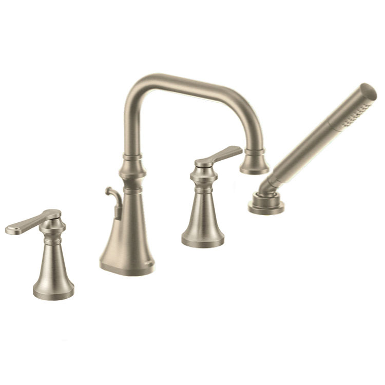 Moen Colinet Two-Handle Roman Tub Faucet with 1.75 GPM Single-Function Hand Shower, High Arc Spout, Lever Handles, Brushed Nickel - TS44504BN