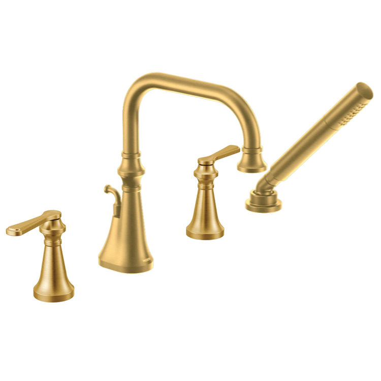 Moen Colinet Two-Handle Roman Tub Faucet with 1.75 GPM Single-Function Hand Shower, High Arc Spout, Lever Handles, Brushed Gold - TS44504BG
