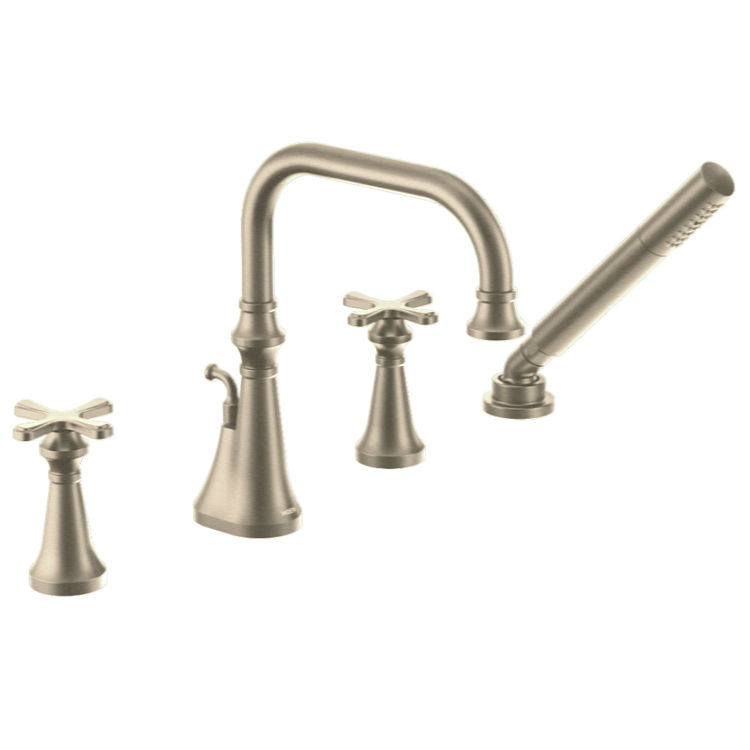 Moen Colinet Two-Handle Roman Tub Faucet with 1.75 GPM Single-Function Hand Shower, High Arc Spout, Cross Handles, Brushed Nickel - TS44506BN