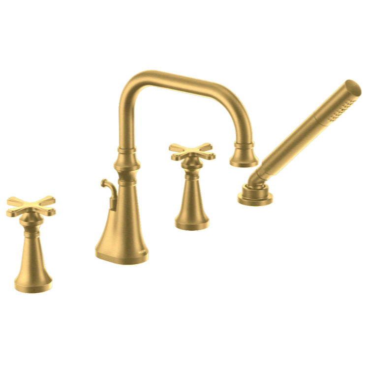 Moen Colinet Two-Handle Roman Tub Faucet with 1.75 GPM Single-Function Hand Shower, High Arc Spout, Cross Handles, Brushed Gold - TS44506BG
