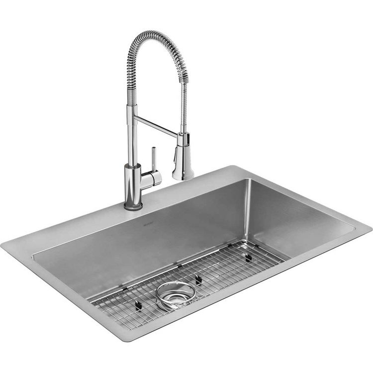 Elkay ECTSRS33229TFC Crosstown 33" x 22" x 9" Single Bowl Dual Mount Sink Kit w/ Faucet, Grid, Drain, 18 Gauge Stainless