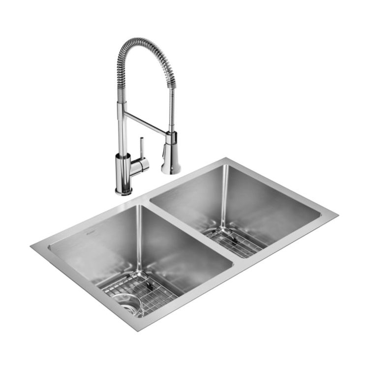 Elkay EFRU311810TFC Crosstown 30-3/4" x 18-1/2" x 10" Equal Double Bowl Undermount Sink Kit w/ Faucet, Grids, Drains, 16 Gauge Stainless