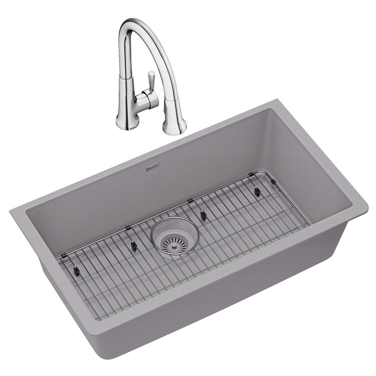 Elkay ELGRU13322GS0FC Quartz Classic Single Bowl Undermount Sink Kit with Faucet, Greystone