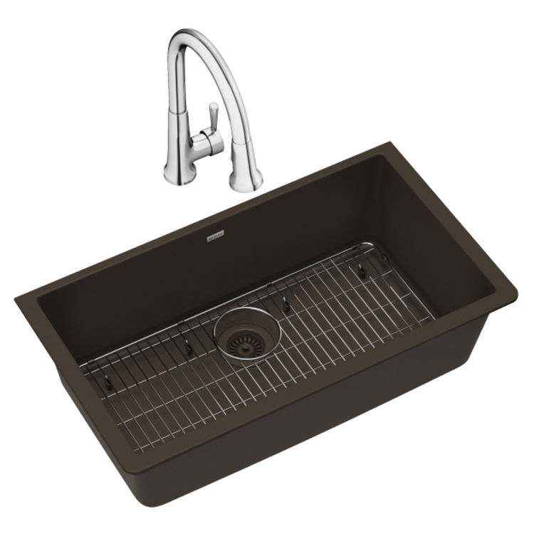 Elkay ELGRU13322MC0FC Quartz Classic Single Bowl Undermount Sink Kit with Faucet, Mocha