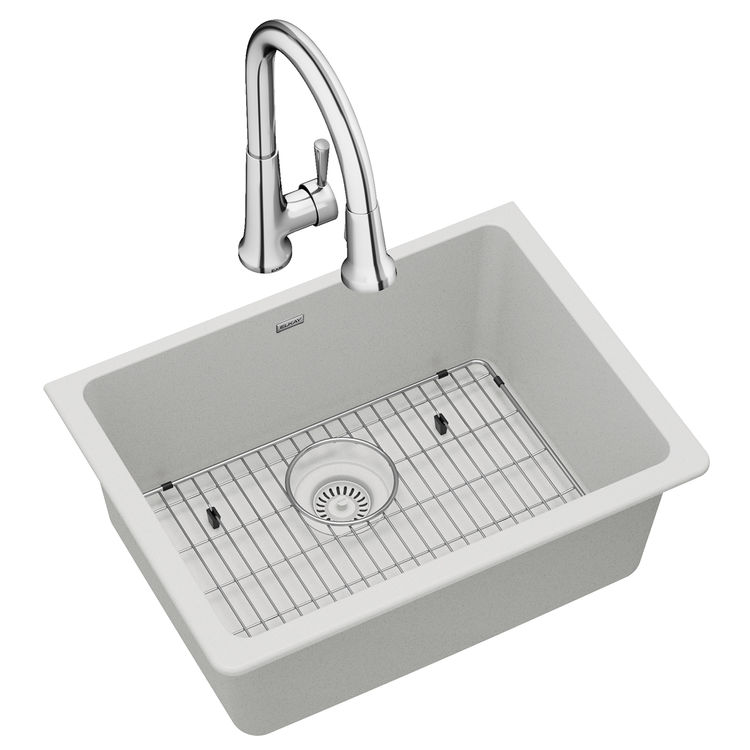Elkay ELGU2522WH0FC Quartz Classic Single Bowl Undermount Sink with Faucet, 24-5/8" x 18-1/2" x  9-1/2" - White