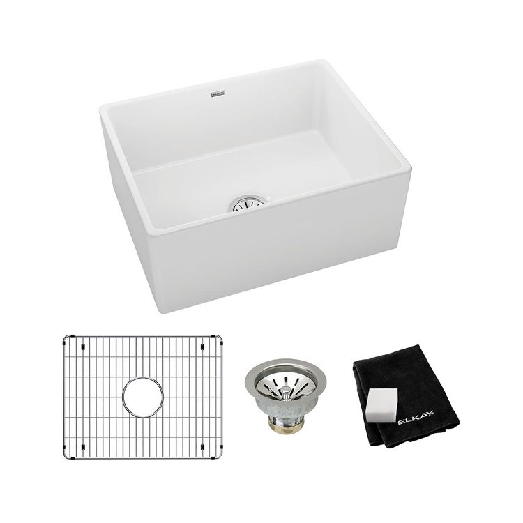 Elkay Fireclay 24-7/16" x 19-11/16" x 9-1/8" Single Bowl Farmhouse Sink Kit, White - SWUF2520WHC