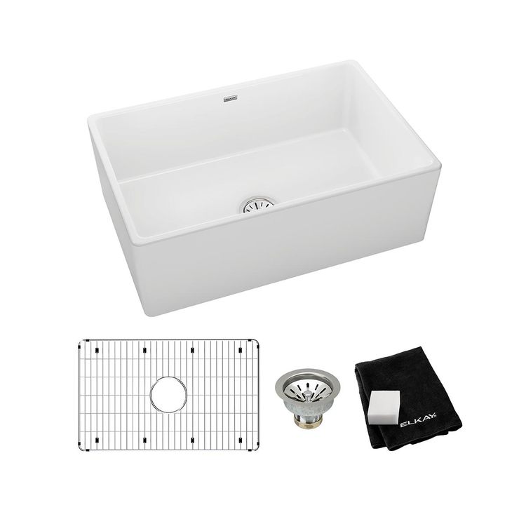Elkay SWUF28179WHC Fireclay Single Bowl Farmhouse Sink Kit, 30" x 19-15/16" x 9-1/8" - White