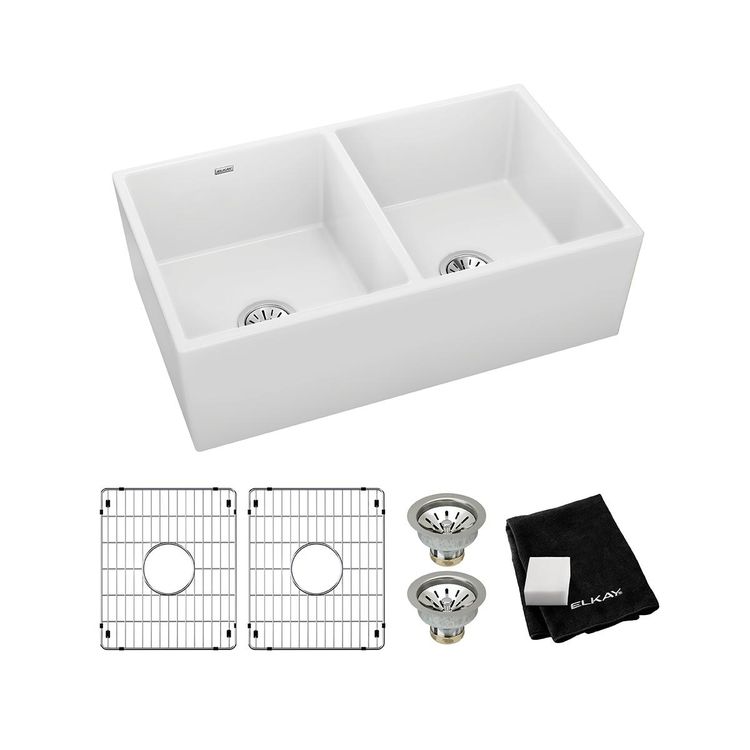 Elkay SWUF32189WHC Fireclay Double Bowl Farmhouse Sink Kit, 33" x 19-15/16"x 9" - White