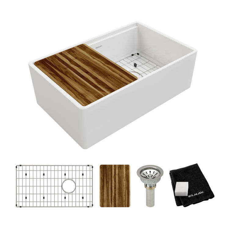 Elkay Fireclay Single Bowl Farmhouse Workstation Sink Kit - White, SWUF13320CBWH 