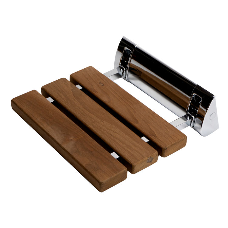 Alfi 14” Wall-Mount Folding Natural Teak Wood Shower Seat, with Polished Chrome Cover Plates, ADA-Compliant - ABS14-PC