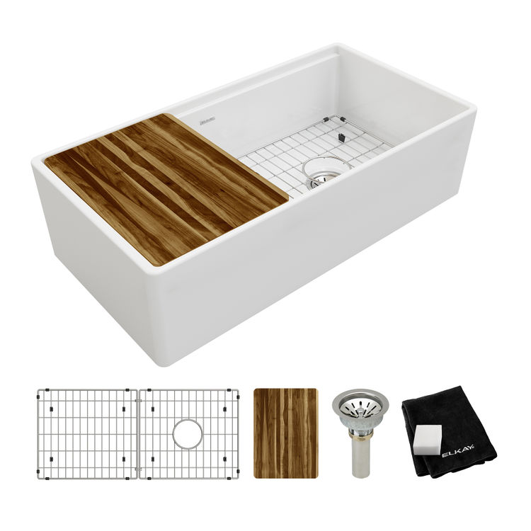 Elkay Fireclay Single Bowl Farmhouse Workstation Sink Kit - White, SWUF13620CBWH 