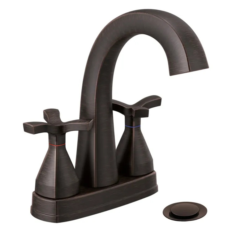 Delta Stryke High-Arc Venetian Bronze Lavatory Faucet for 4" Centers, Metal Pop-Up, 1.2 GPM, Two-Handle, DIAMOND Seal, Helo Handles - 257756-RBMPU-DST