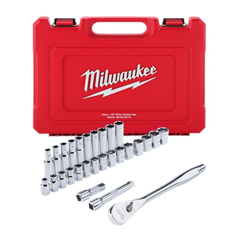 Milwaukee 1/2-Inch Metric Drive Ratchet and Socket Set With FOUR FLAT Sides, 28 Pieces - 48-22-9510