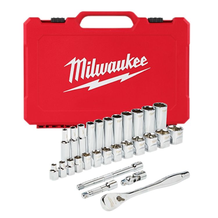 Milwaukee 3/8-Inch SAE Drive Ratchet and Socket Set, 28 Pieces - 48-22-9408