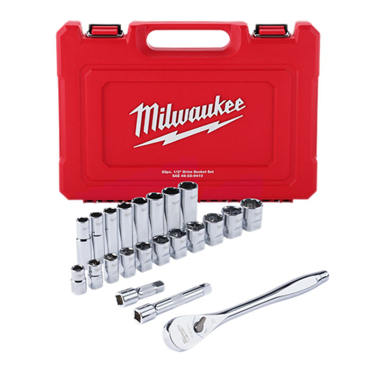 Milwaukee 1/2-Inch SAE Drive Ratchet and Socket Set With FOUR FLAT Sides - 48-22-9410