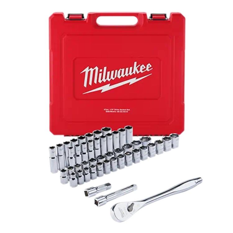 Milwaukee 47-piece 1/2-inch Drive Metric and SAE Ratchet and Socket Set with FOUR FLAT Sides - 48-22-9010