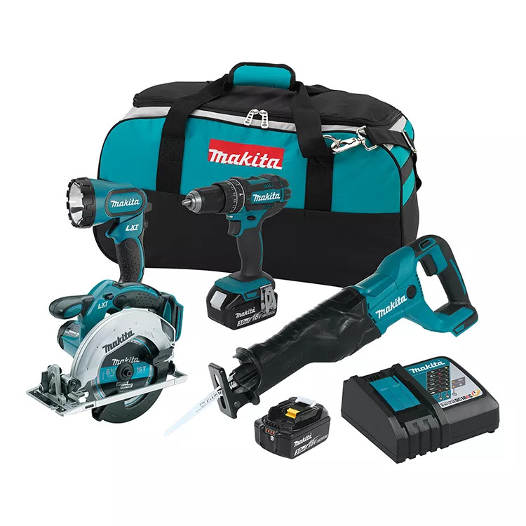 Makita 18V LXT Lithium‑Ion 3.0Ah Cordless Hammer Driver Drill, Reciprocating Saw, Circular Saw, and Flashlight, 4‑Piece Combo Kit - XT442 