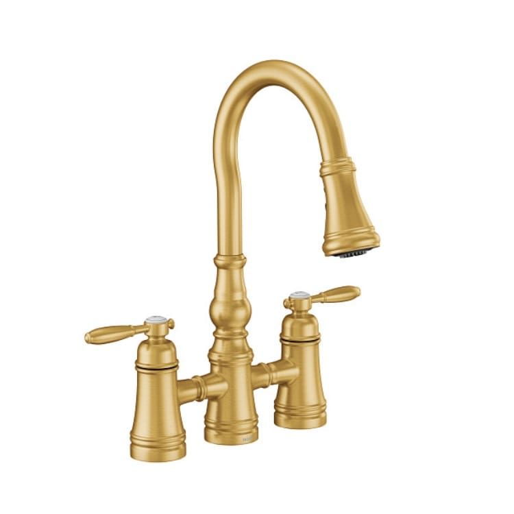 Moen Weymouth Two-Handle Pull-Down High Arc Bridge Kitchen Faucet, Brushed Gold - S73204BG