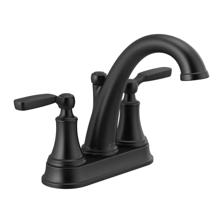 Delta Woodhurst Two-Handle Centerset Bathroom Faucet with Metal Pop-Up, Deck Mount, Lever Handles, 1.2 GPM, Matte Black - 2532LF-BLMPU