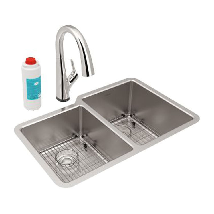 Elkay ELUH3120LTFLC Lustertone Iconix Double Bowl Undermount Kitchen Sink Kit with Filtered Faucet, Left Small Bowl - Stainless Steel