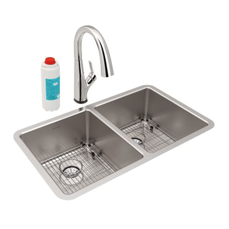 Elkay Lustertone Iconix Double Bowl Undermount Sink Kit with Filtered Faucet and Perfect Drain, Stainless Steel - ELUHH3118TPDFLC 