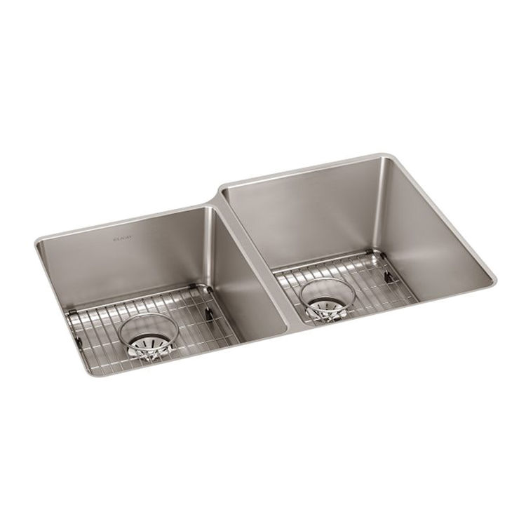 Elkay Lustertone Iconix Double Bowl Undermount Kitchen Sink Kit with Perfect Drain, Left Small Bowl, Luminous Satin - ELUHH3120LTPDBG 