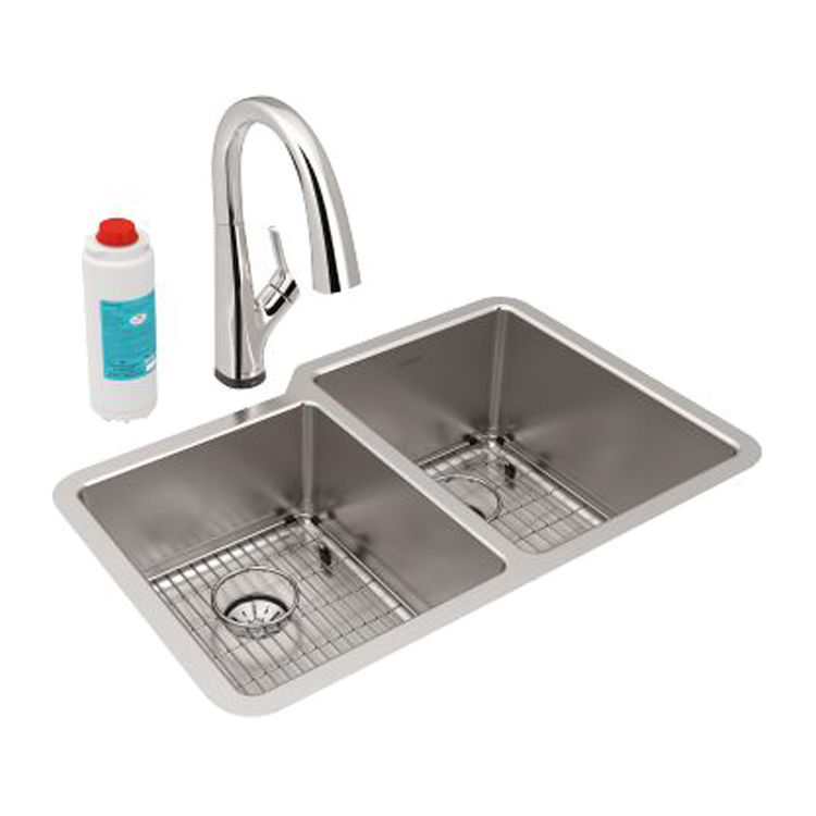 Elkay Lustertone Iconix Double Bowl Undermount Sink Kit with Filtered Faucet and Perfect Drain, Left Small Bowl, Stainless Steel - ELUHH3120LTPFLC 
