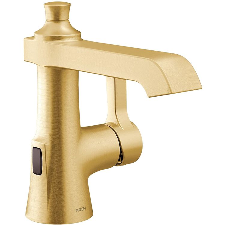 Moen Flara Single-Handle Digital High Arc Brushed Gold Lavatory Faucet with Metal Spring Pop-Up and Batteries, MotionSense Wave, 1.2 GPM, Single-Hole - S6981EWBG 